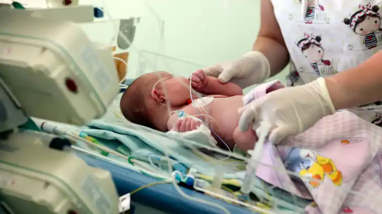Auf einem Bild sieht man, wie eine Krankenschwester ein neugeborenes Kind im Krankenhausbett betreut, das Neugeborene ist an einem Monitor angeschlossen.