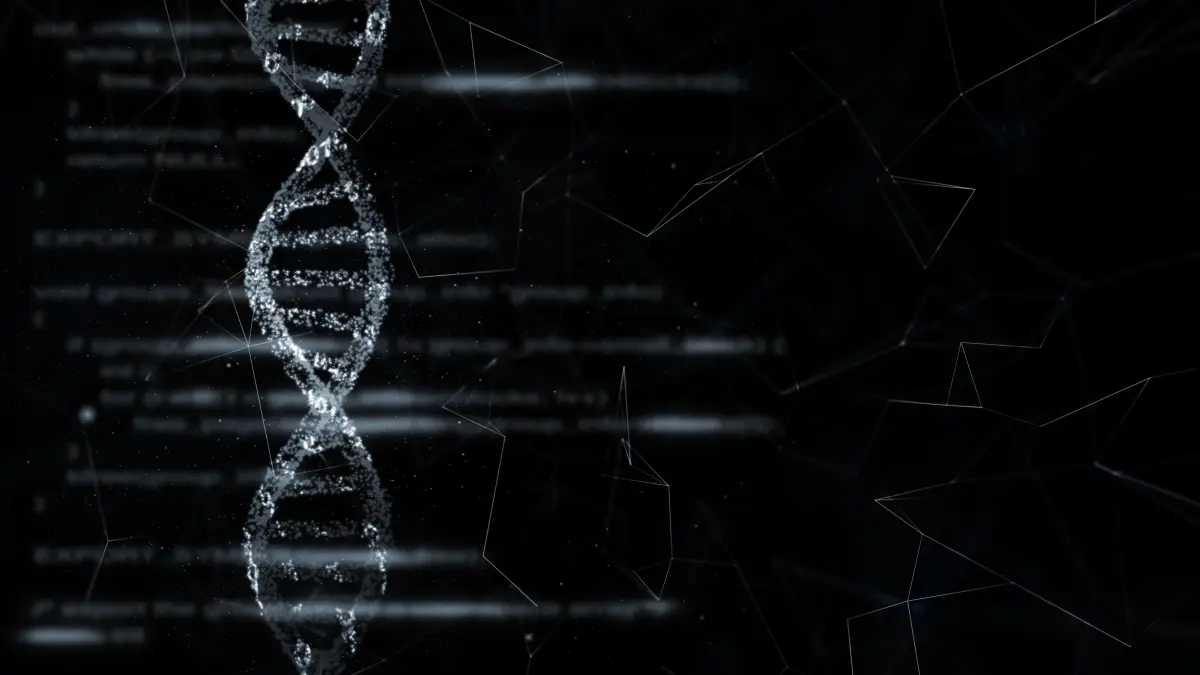 Abstrakte leuchtende DNA-Doppelhelix vor dunklem Hintergrund als Symbolbild fuer ctDNA und Liquid-Biopsy bei urologischen Tumoren