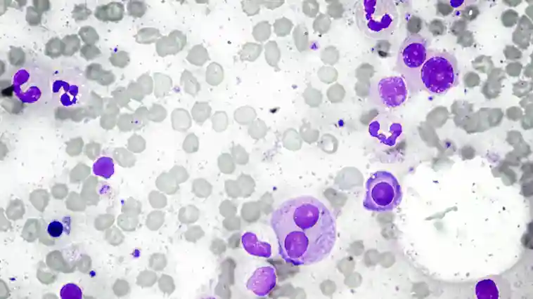 Knochenmarkuntersuchung mit mikroskopischem Bild eines schwelenden oder frühen multiplen Myeloms.